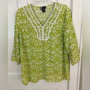 Carole Little Linen Blend White Lime Split V Neck Tunic Top Shirt Crochet 1X